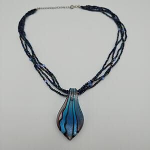 Glass Pendant Seed Bead Necklace Blue Black Iridescent Dark Fairy Forest Nymph